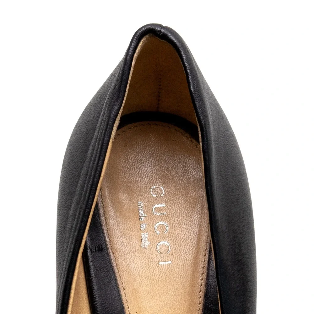 Gucci Black Leather Horsebit Peep Toe Platform Pumps Stiletto Heels EU 38.5 US 8